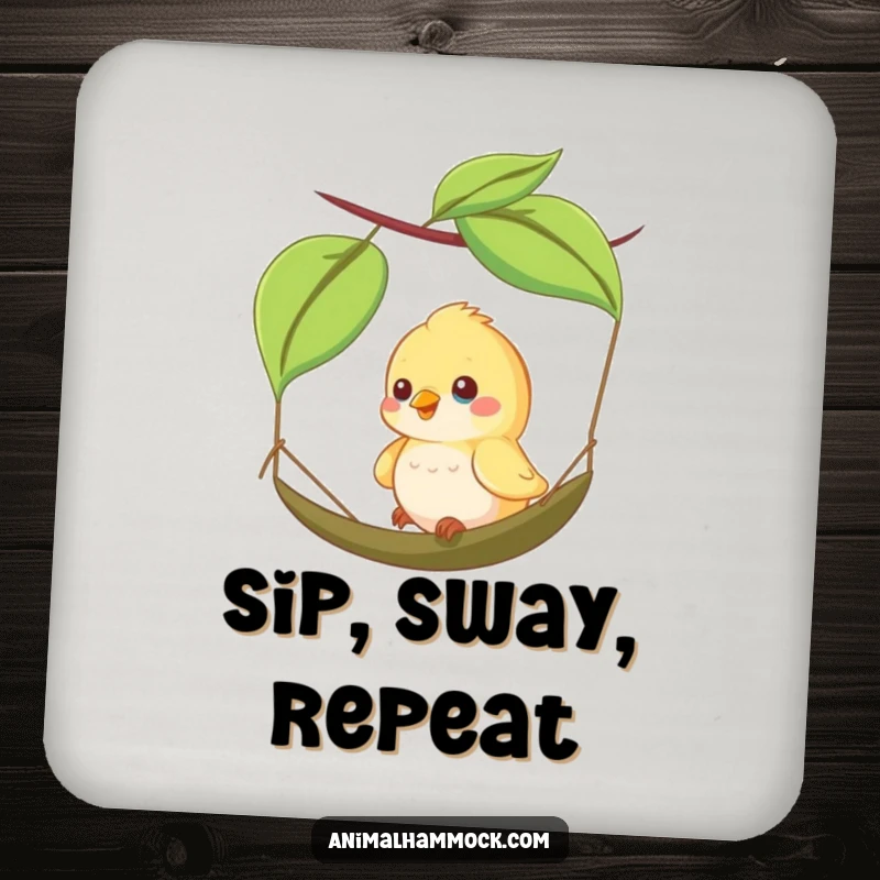 Funny coaster with a happy bird swinging on a leaf hammock, adding whimsical charm and joy to tabletops.