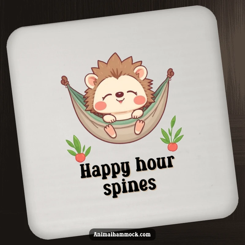 Funny Hedgehog Coaster depicting a contented character smiling with closed eyes while relaxing in a hammock, protecting surfaces with a humorous touch.