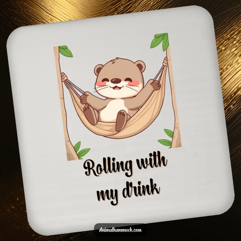Funny Otter Coasters, a playful otter character rolling around happily inside a hammock, guarding surfaces with charm.