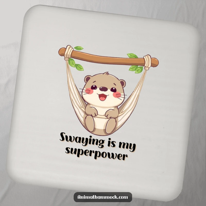 Funny otter coasters featuring a happy otter relaxing in a hammock, adding humor and protection to any surface. A fun accessory.