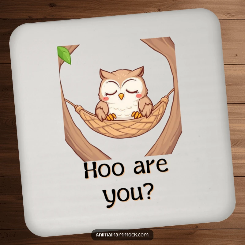 Funny contented owl with closed eyes nestled comfortably in a woven hammock, printed on these coasters.