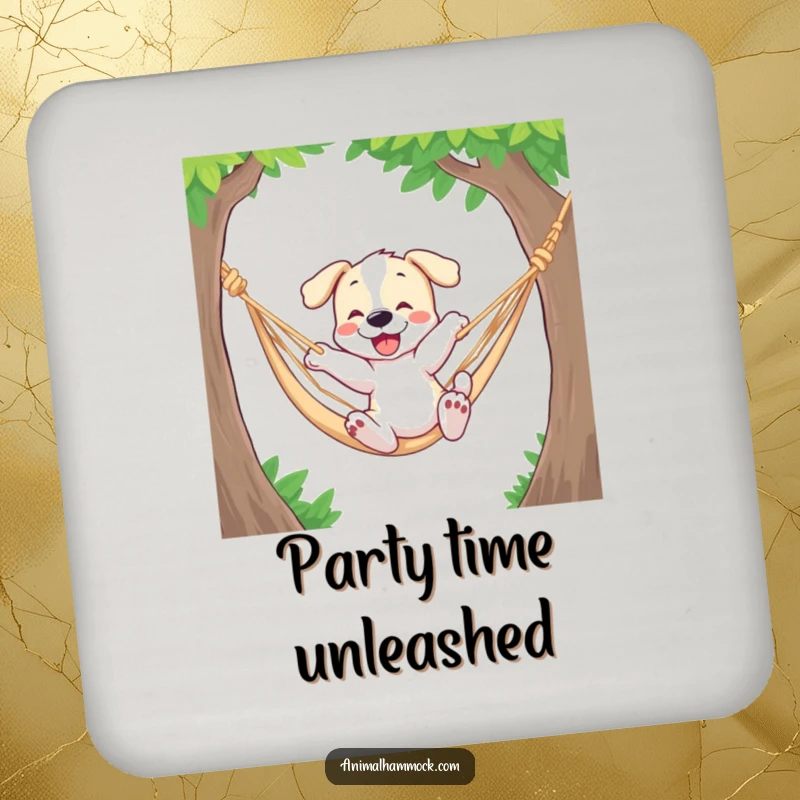 Funny coaster with a playful puppy bouncing in a hammock, adding a humorous and energetic touch to any drinks.
