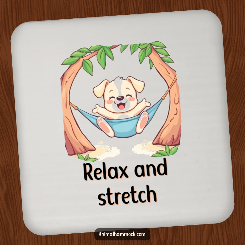 Funny Puppy Coaster showing a playful dog doing a joyful stretch while lounging in a hammock, protecting surfaces with a humorous touch.