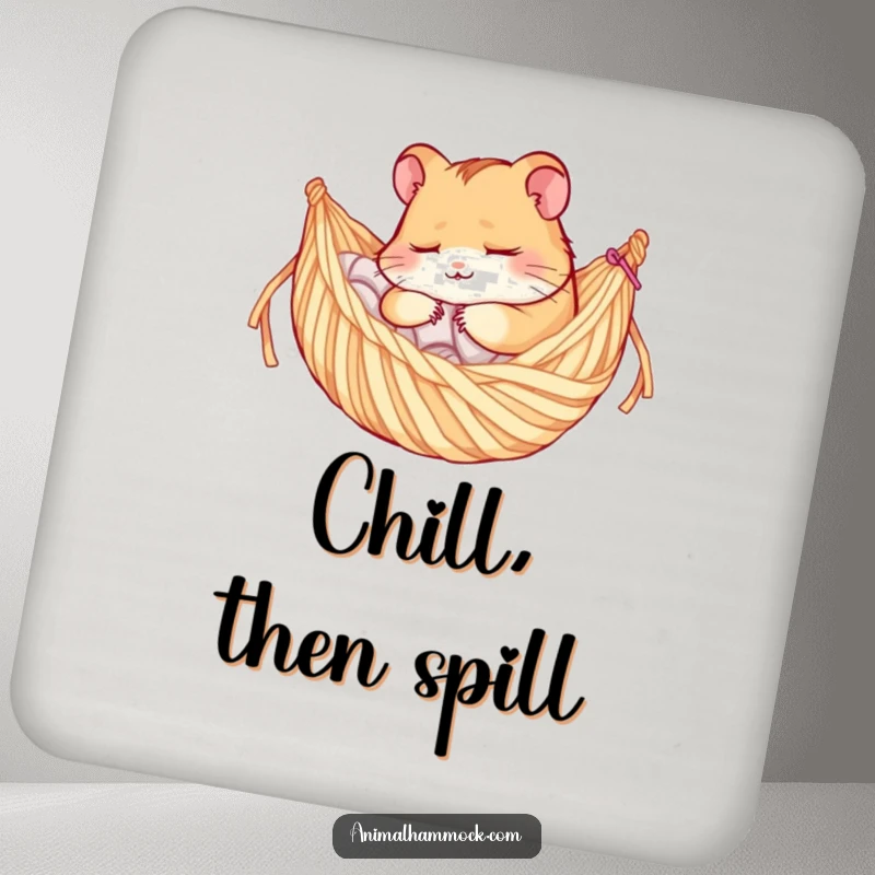 Funny coaster with a sleepy hamster character relaxing in a yarn hammock, protecting tables with charming, humorous flair.
