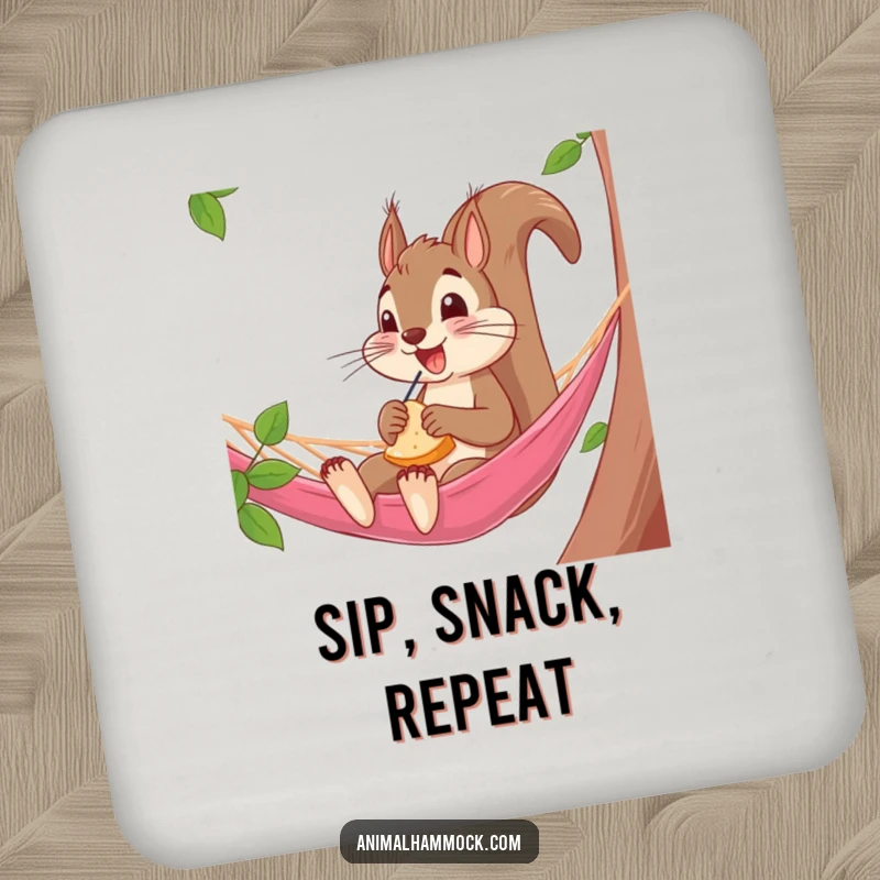 Funny Squirrel Coasters: A set of coasters featuring a squirrel snacking in a hammock, adding comedic charm and woodland protection.