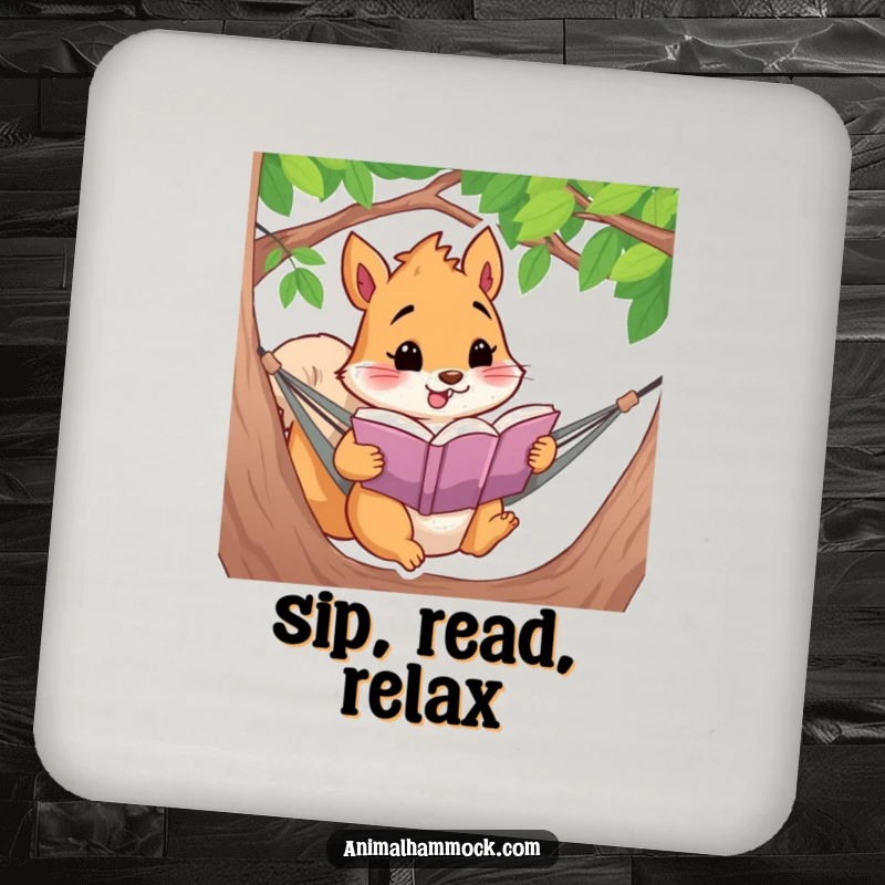 Funny squirrel reading a book in a hammock design on protective drink coasters, adding humor to any table.