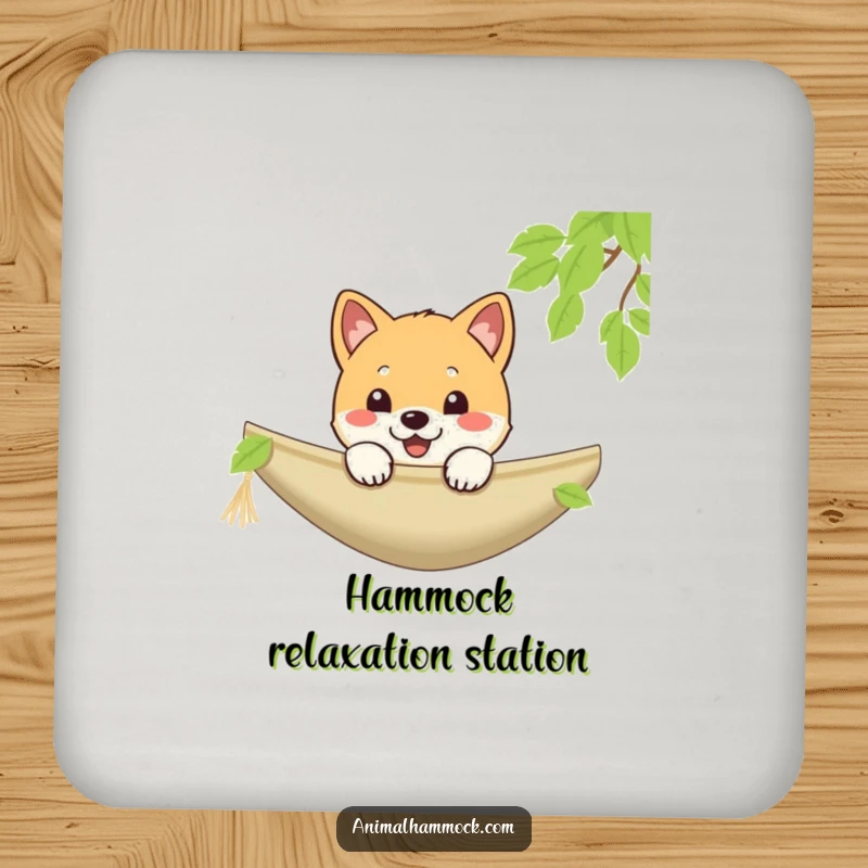 Funny Shiba Inu coaster with a playful puppy cheerfully peeking over a hammock, protecting surfaces with humor, a great funny gift.