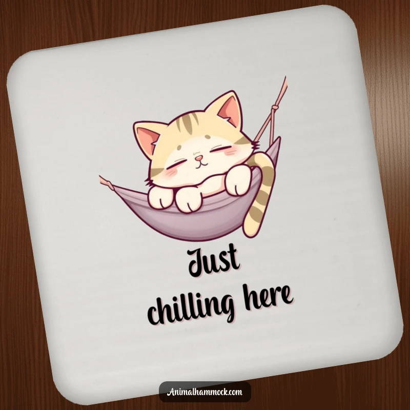Funny coaster with a sleepy cat draped over a hammock, adding a touch of humorous relaxation to any surface.