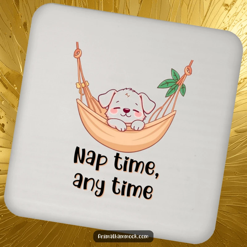 Funny puppy character napping in a hammock, depicted on a drink coaster for humorous and practical home decor.