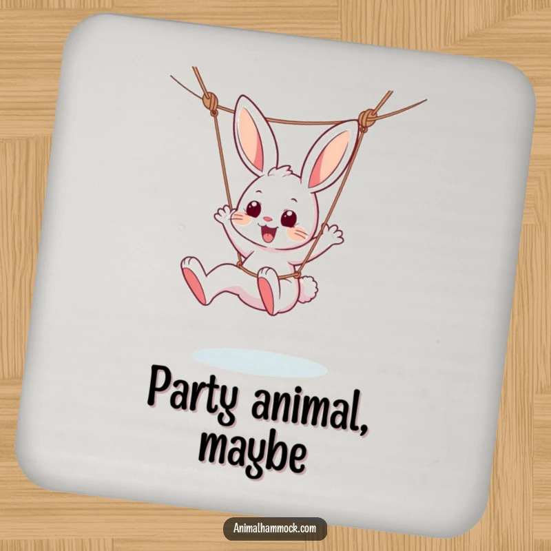 Funny coaster showing a happy bunny character kicking its legs gleefully in a hammock, adding playful humor to tabletops.