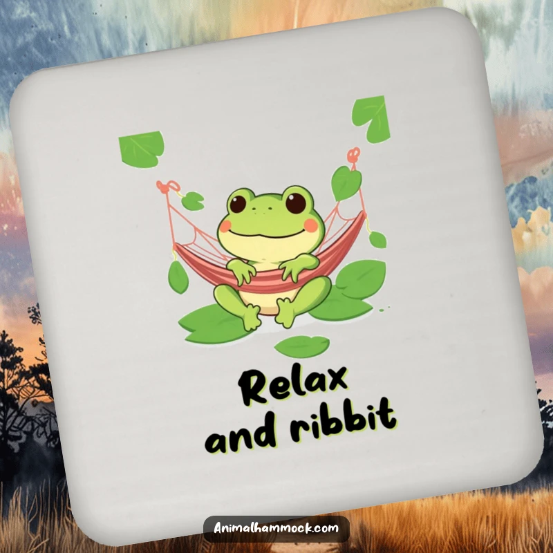 Funny green frog with a wide grin relaxing in a hammock on a drink coaster, a humorous accessory.