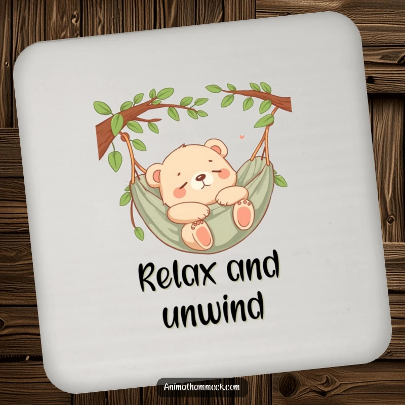 Funny Bear Cub Hammock Coaster featuring a sleeping bear cub in a hammock, protecting surfaces with gentle humor.
