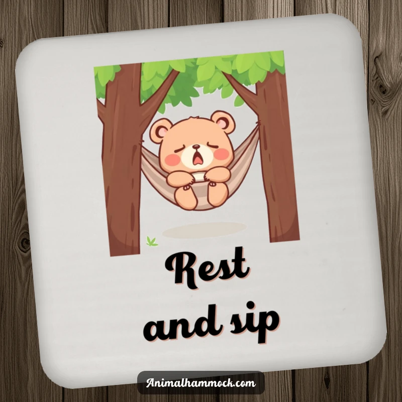Funny yawning bear cub dozing in a hammock between trees, printed on drink coasters, adding a touch of sleepy humor and surface protection.