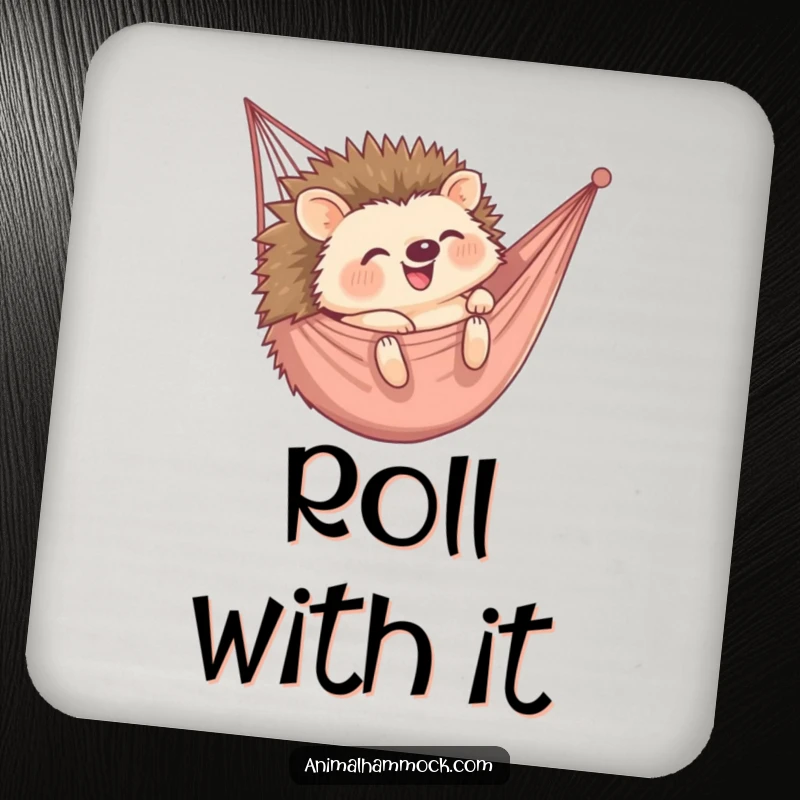 Funny coaster featuring a happy hedgehog rolling into a hammock, offering protection and a dose of adorable humor. Good gift.