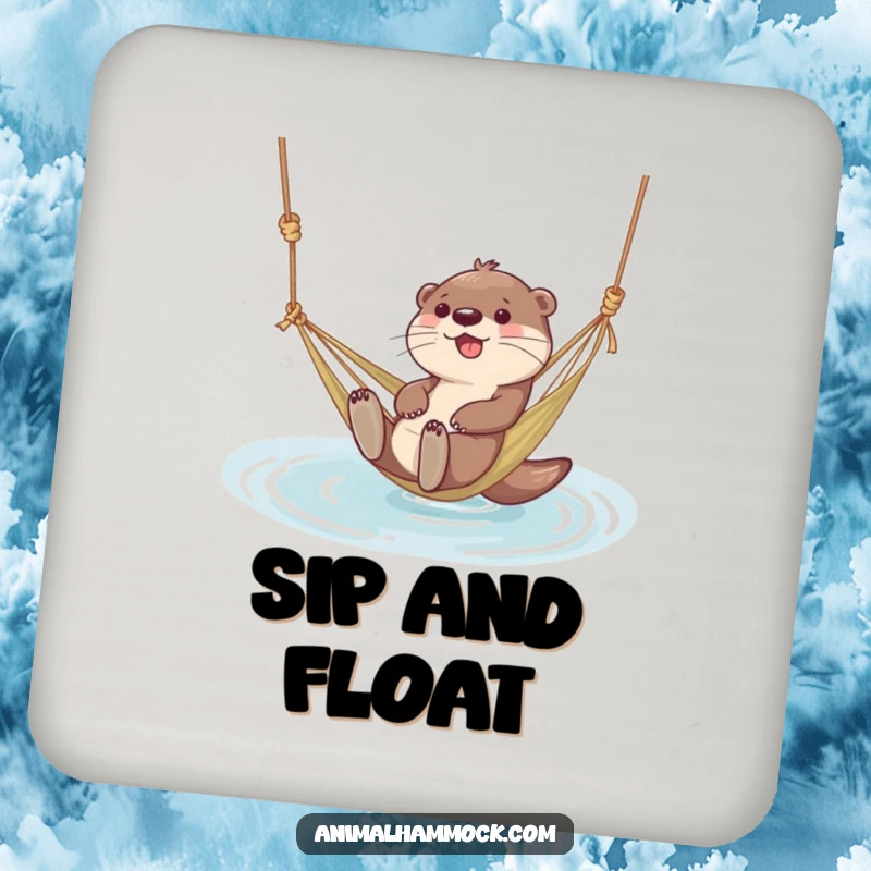 Funny drink coaster showing a giggling otter character floating in a hammock tied to water, adding aquatic charm.