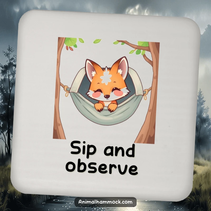 Funny curious fox peeking from a hammock, printed on drink coasters, adding a humorous and protective element to tables.