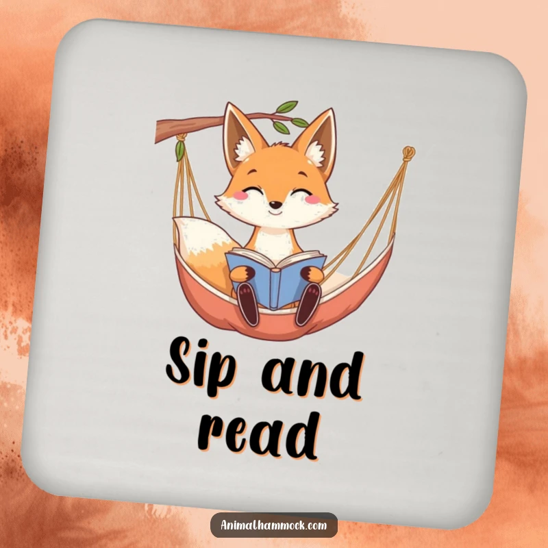 Funny smiling fox with long ears reading a book while relaxing in a hammock, printed on these coasters.