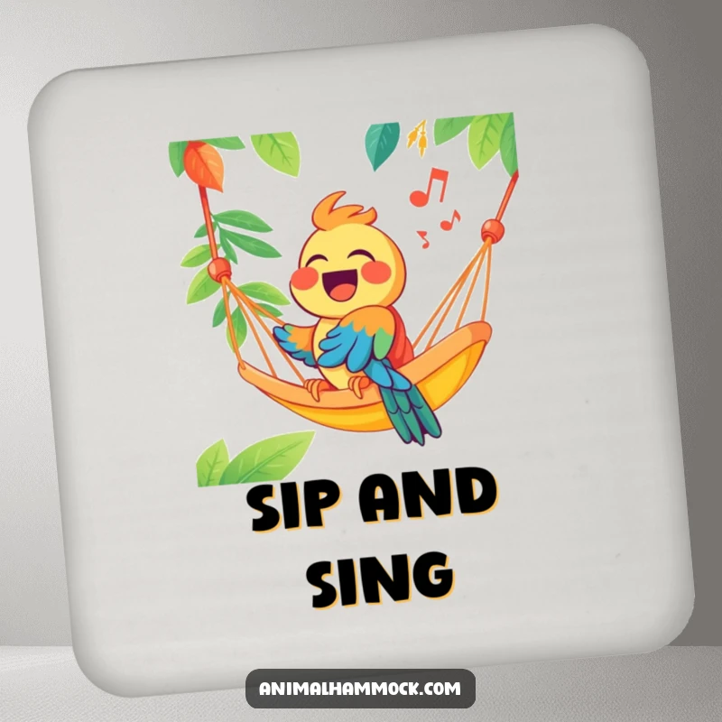 Funny joyous parrot singing from a brightly colored hammock, printed on drink coasters, adding a touch of playful humor and surface protection.