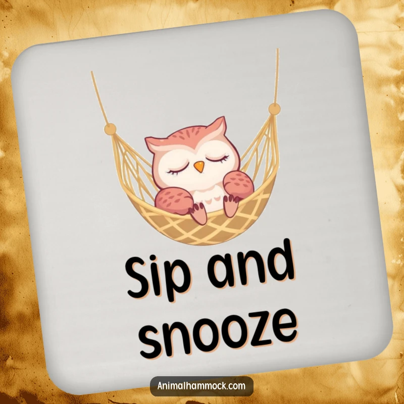 Funny sleepy owl resting in a hammock, a charming and humorous design for a drink coaster.
