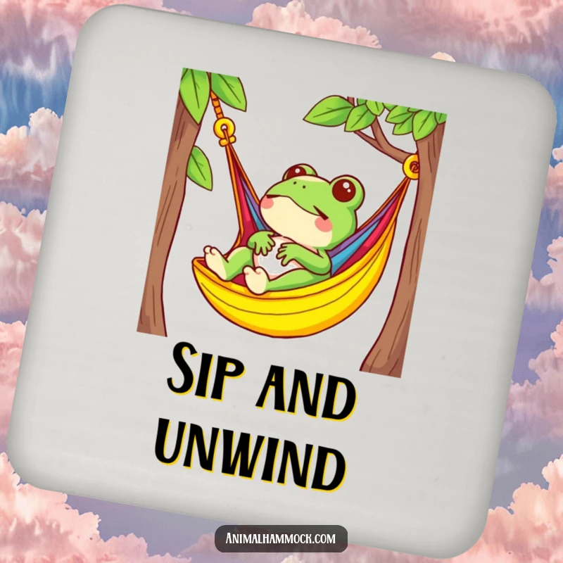 Funny small frog relaxing in a brightly colored hammock design on protective drink coasters, adding humor to any table.