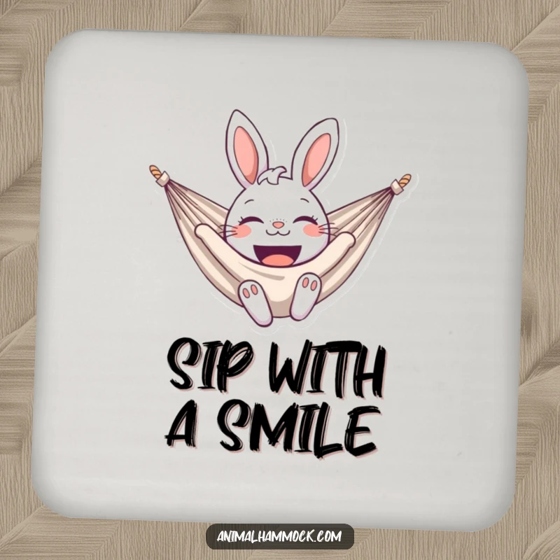 Funny bunny coasters featuring a delighted bunny smiling broadly in a hammock, adding humor and protection to any surface. A delightful accessory.