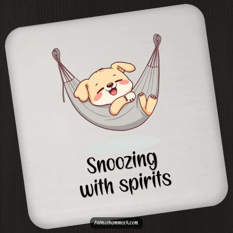 Funny Dog Coasters, a delighted dog character blissfully napping in a stretched hammock, guarding surfaces with sleepy charm.