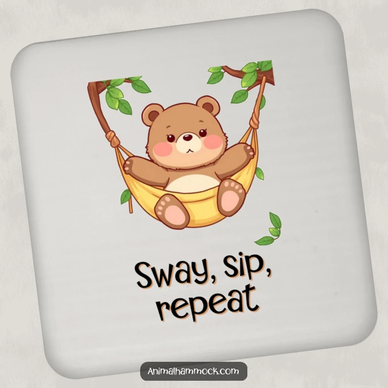 Funny chubby bear cub relaxing in a hammock, a charming and humorous design for a drink coaster, protecting surfaces decoratively.