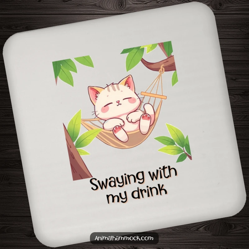 Funny Cat Coasters, a euphoric cat character lounging deeply in a swaying hammock, guarding tabletops with charm.
