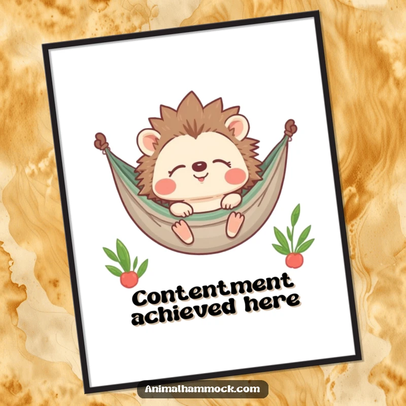 Funny Hedgehog Poster showing a contented character smiling with closed eyes while relaxing in a hammock, a charming piece of humorous wall art.
