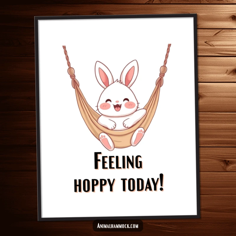 Funny fluffy bunny with rosy cheeks actively bouncing while swinging in a hammock, creating joyful wall art.