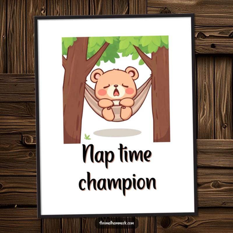 Funny yawning bear cub dozing in a hammock between trees, printed as a vibrant poster, creating a peaceful and humorous focal point.