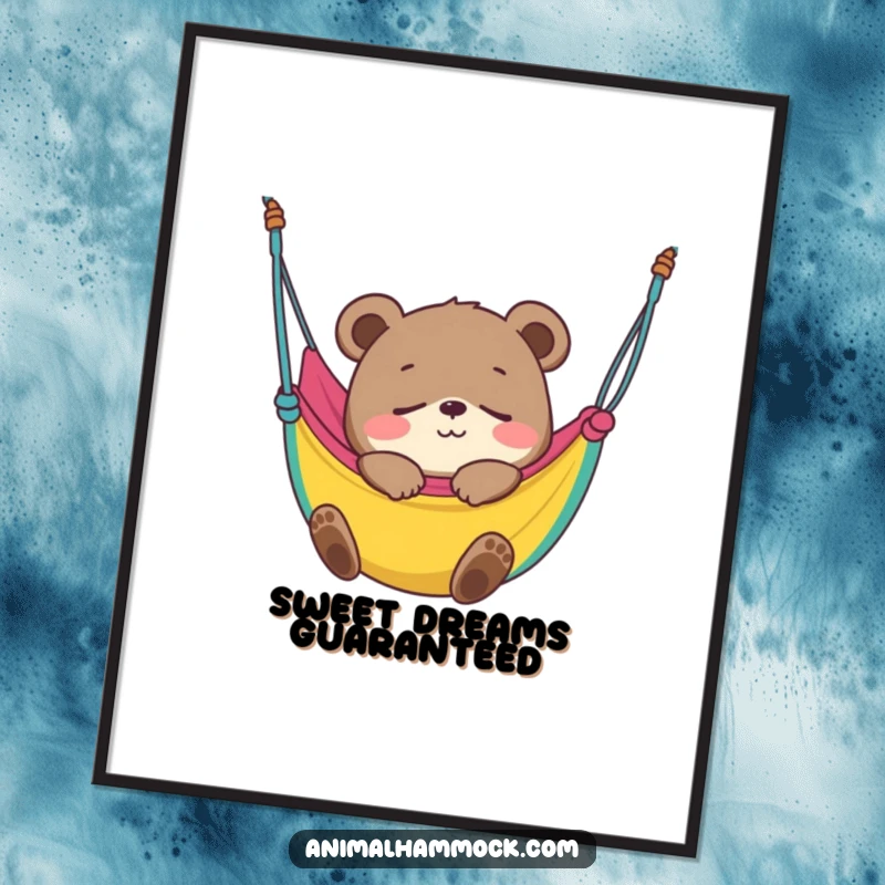 Funny Bear Cub Poster showing a smiling cub blissfully fast asleep in a colorful hammock, a charming piece of humorous wall art.