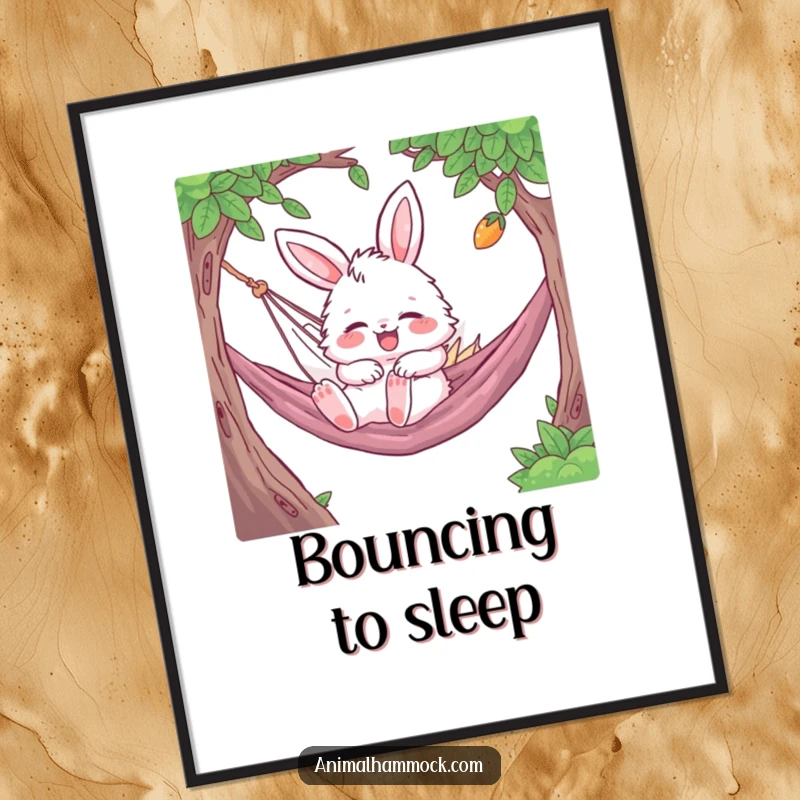 Funny Bunny Poster depicting a fluffy character gleefully bouncing while napping in a hammock, a vibrant and humorous piece of wall art.