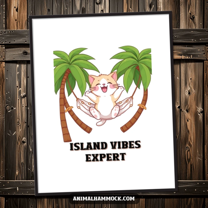 Funny cat poster depicting a cat on a hammock between palm trees, a visually relaxing and humorous piece, a great funny gift.