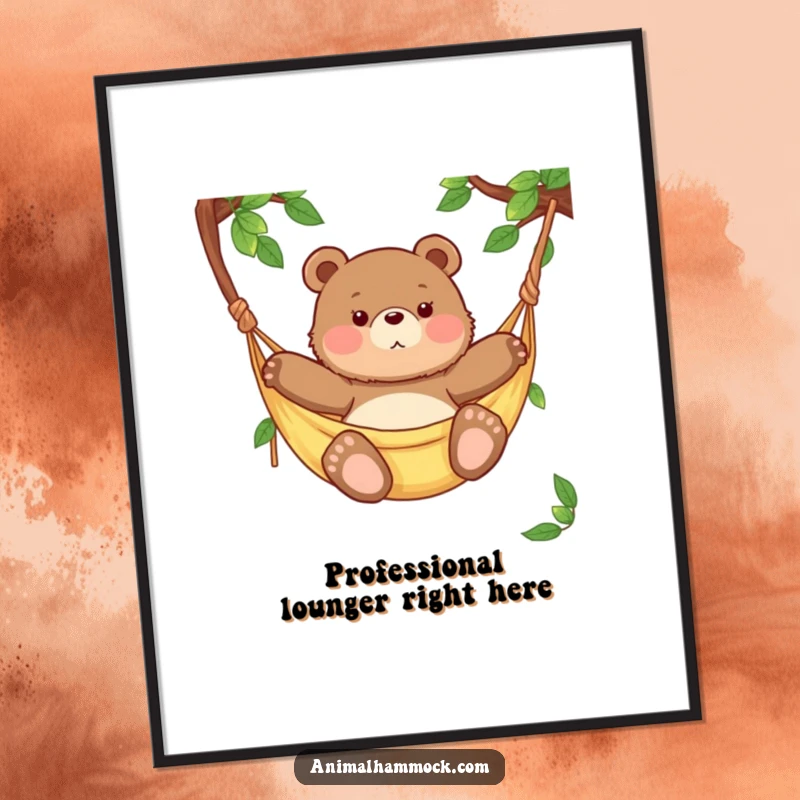 Funny chubby bear cub swaying peacefully in a hammock, a heartwarming and humorous scene for wall art, printed on a poster.