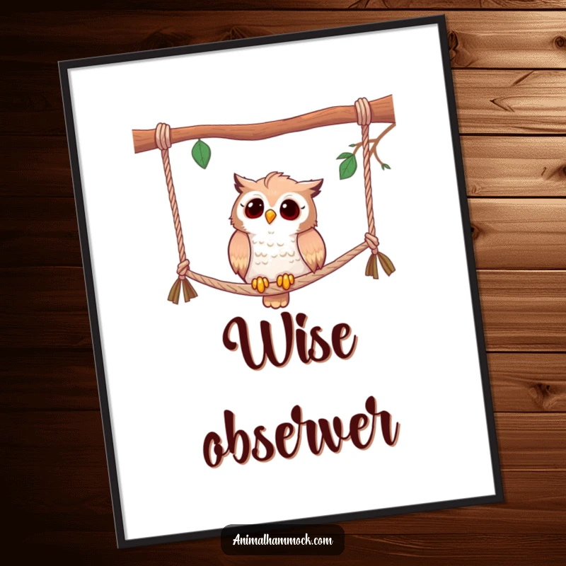 Funny poster showcasing a curious owl perched on hammock ropes, looking around with an inquisitive and humorous expression.