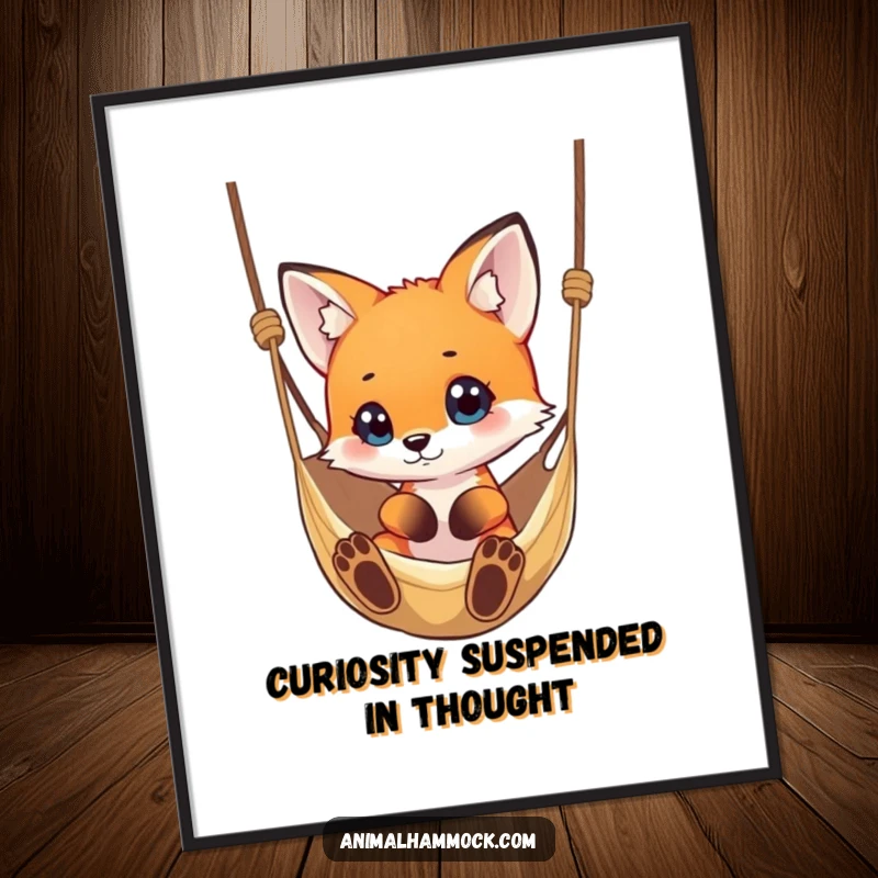 Funny small fox captivated by a dangling hammock, a humorous and intriguing piece of art for posters.