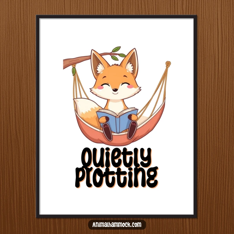 Funny smiling fox with long ears reading a book while relaxing in a hammock, creating charming wall art.
