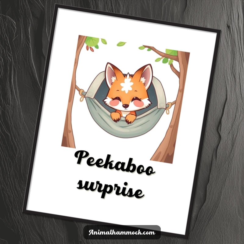 Funny curious fox peeking from a hammock, printed as a vibrant poster, creating a whimsical and humorous focal point for any room.