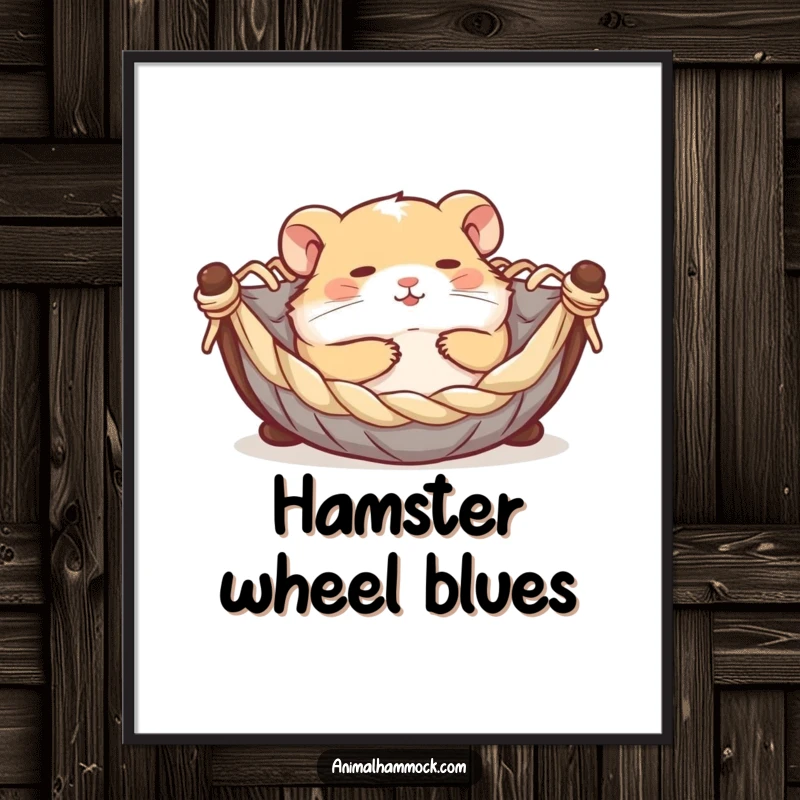 Funny contented hamster rolling joyfully in a miniature hammock, printed as a vibrant poster, creating a cheerful and humorous focal point.