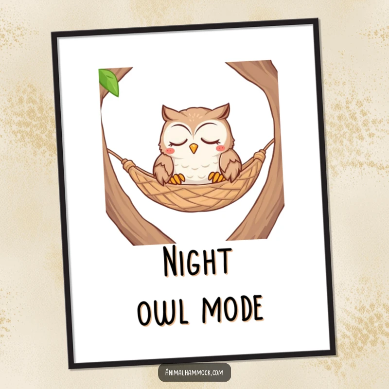 Funny contented owl with closed eyes nestled comfortably in a woven hammock, creating peaceful wall art.