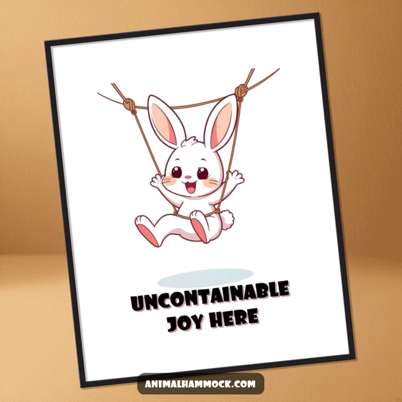 Funny poster illustrating a bunny character gleefully kicking its legs while hanging from a hammock, celebrating energetic fun and play.
