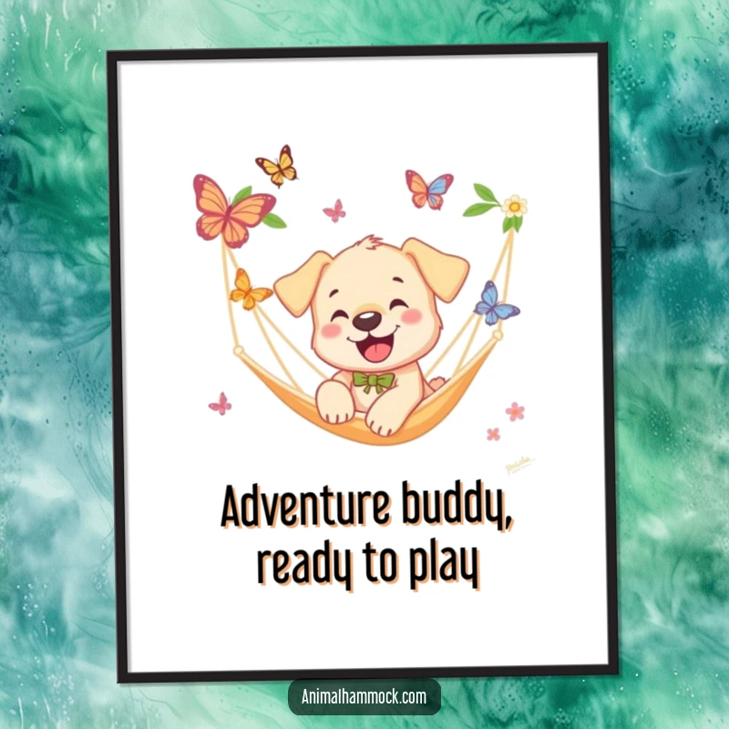 Funny Puppy Poster: A humorous artwork of a puppy chasing butterflies near a hammock, evoking comedic joy and outdoor play, perfect wall decor gift.