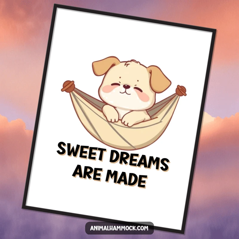 Funny puppy poster depicting a giggling puppy sleeping soundly in a hammock, capturing peaceful slumber and canine joy. Perfect funny decor.