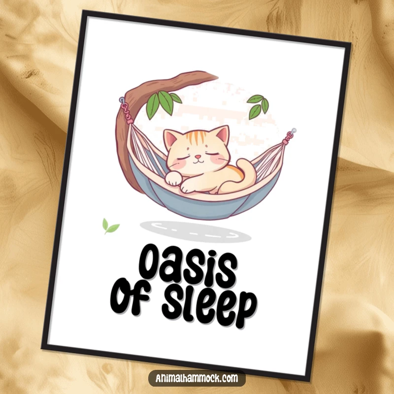 Funny sleepy cat dreaming peacefully in a hammock oasis, printed as a vibrant poster, creating a serene and humorous focal point.