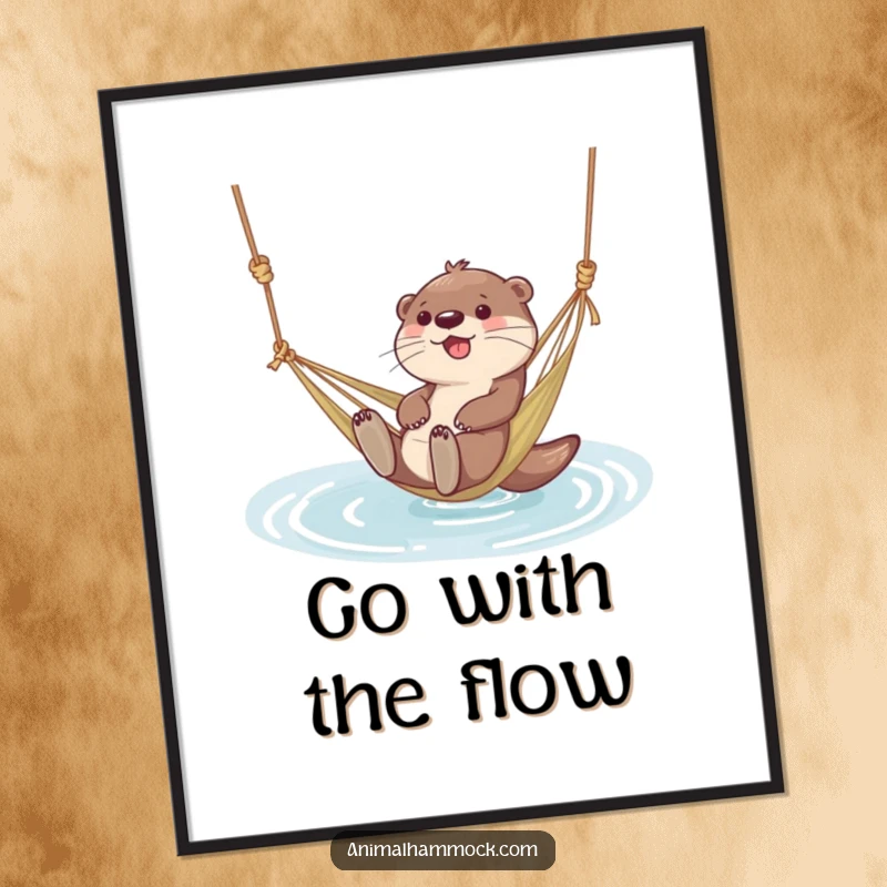 Funny poster artwork of a giggling otter character floating peacefully in a hammock tied to water, representing pure aquatic bliss.
