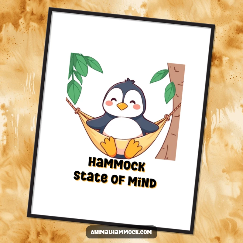 Funny poster art displaying a proud penguin character sitting upright and smiling in a hammock, embodying ultimate relaxation and happiness.