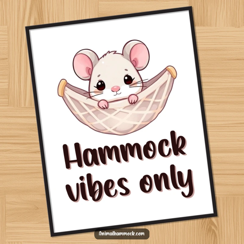 Funny mouse happily peeking from a hammock net, presented as a vibrant poster. A charming and humorous wall decoration.