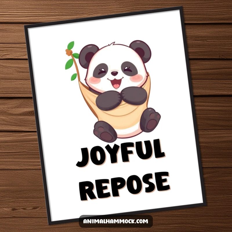Funny poster art of a delightful panda hugging a hammock, conveying warmth, joy, and playful comfort. Great wall decor.