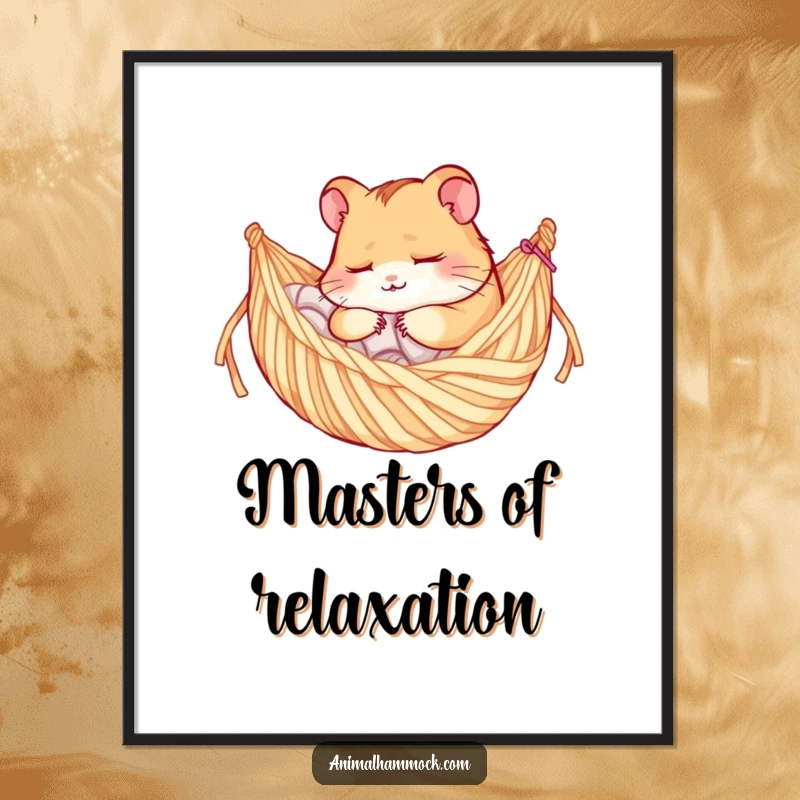 Funny poster depicting a contented hamster character relaxing lazily in a DIY yarn hammock, a perfect piece of cute wall art.
